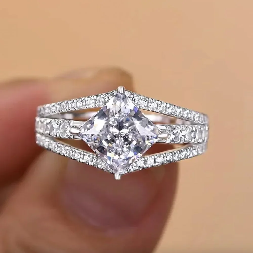 NEW 18k White Gold Diamond Princess Cut Multi Layer Ring Band Statement Ring